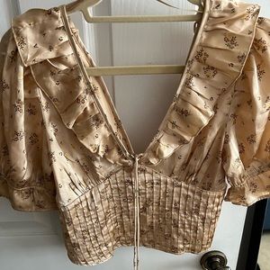 Free people XS silk champagne gold blouse with ruffles. Cropped